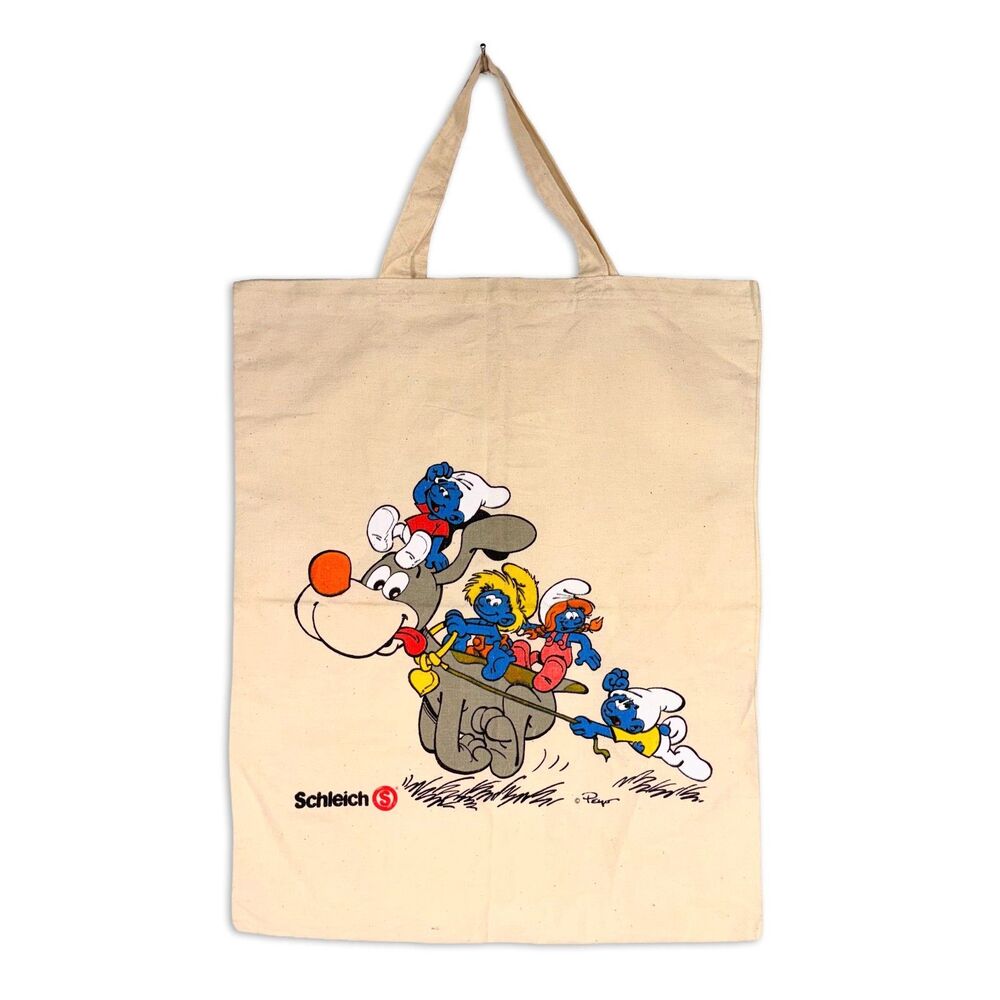 Vintage Smurfs Schleich Tote Bag Canvas Shopper Peyo 16x20 80s 90s
